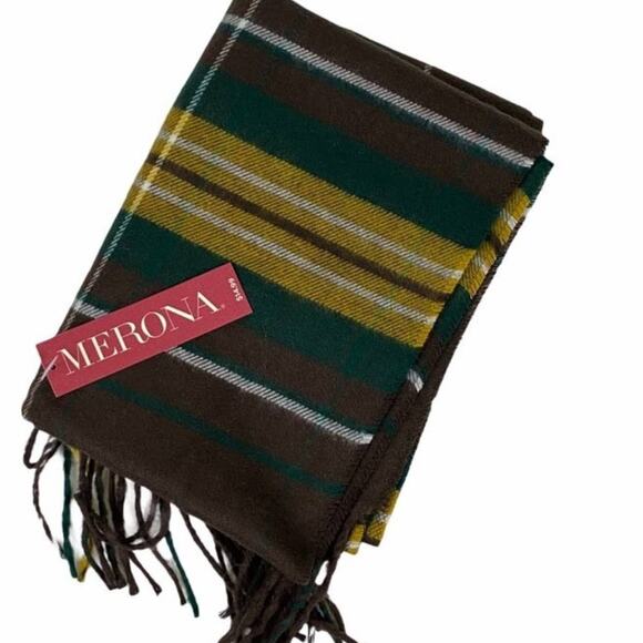 Soft Merona Unisex Tartan Plaid Fringe Scarf 65" X 11" Brown Tan Yellow Green - Picture 2 of 9